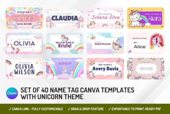 40 Unicorn Name Tag Canva Templates