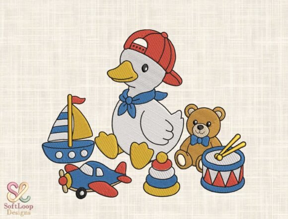 Baby Duck with Toys Embroidery Design