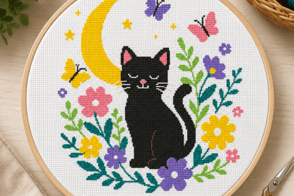 Black Cat Butterfly Cross Stitch