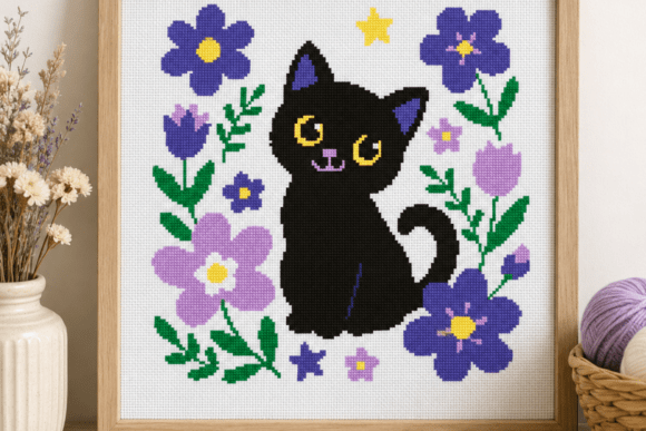 Black Cat Floral Cross Stitch