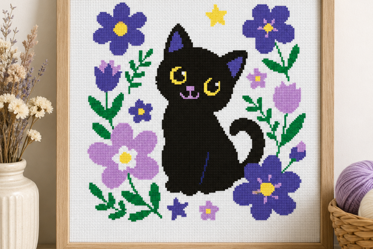 Black Cat Floral Cross Stitch