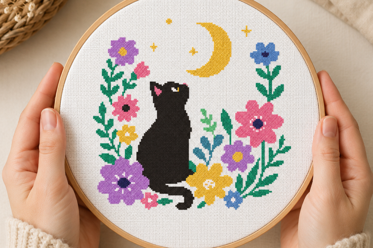 Black Cat Moon Cross Stitch Pattern