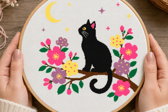 Black Cat Moon Floral Cross Stitch