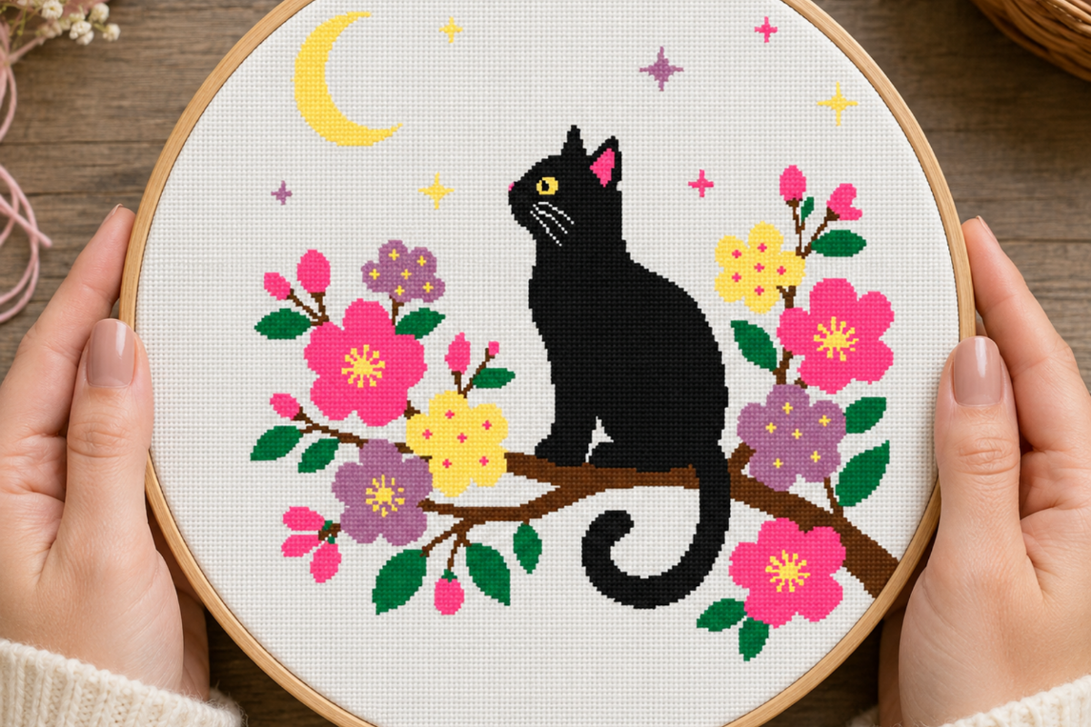 Black Cat Moon Floral Cross Stitch