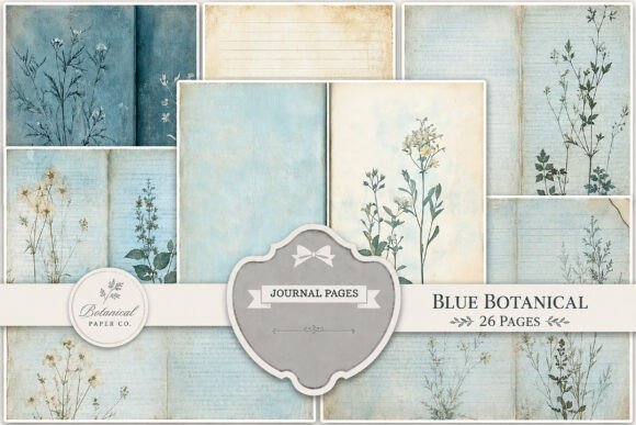 Blue Botanical Junk Journal Papers