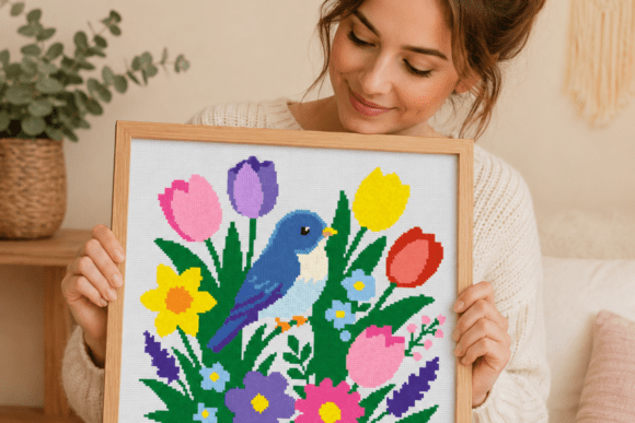 Bluebird Tulip Cross Stitch Pattern