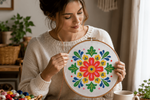Bright Floral Rosette Cross Stitch