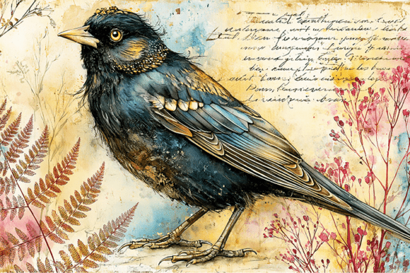 Crowned Bird Vintage Botanical Collage
