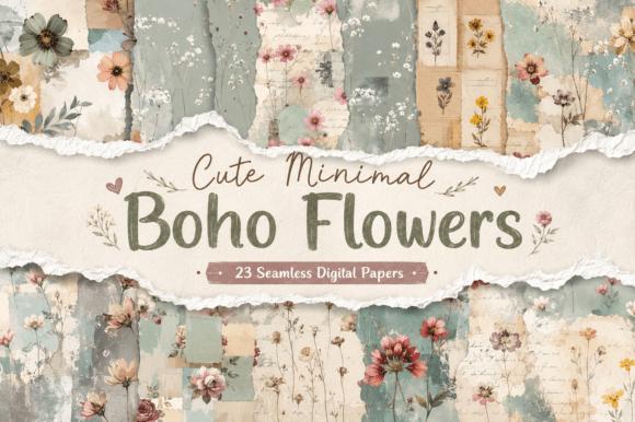 Cute Minimal Boho Flowers Digital Papers