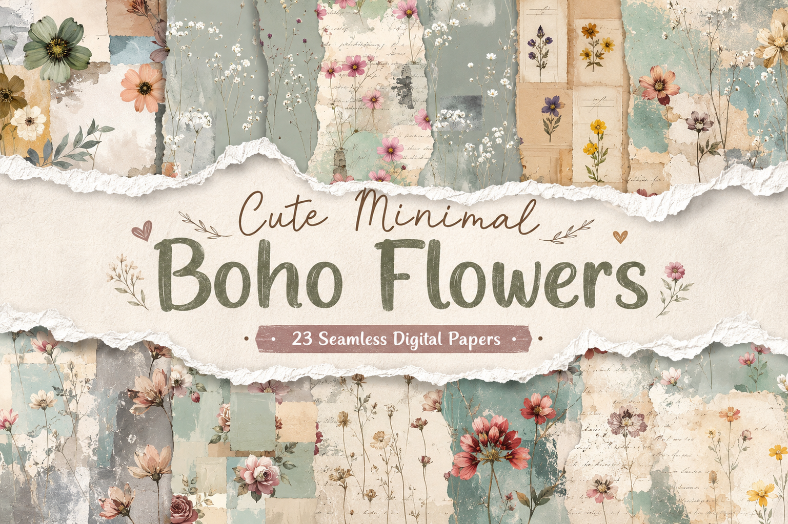 Cute Minimal Boho Flowers Digital Papers