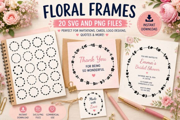 Delicate Hand Drawn Floral Circle Frame