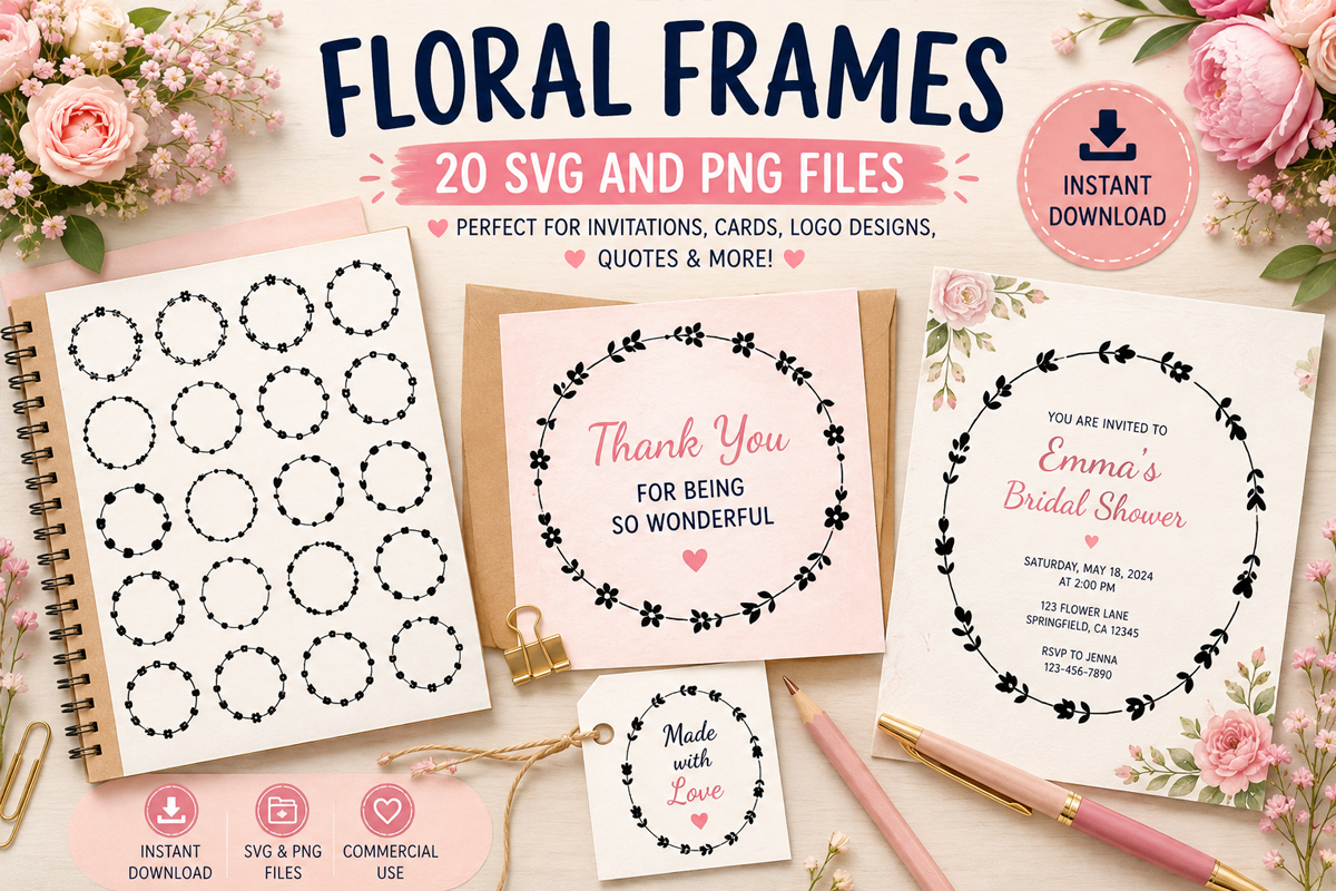 Delicate Hand Drawn Floral Circle Frame