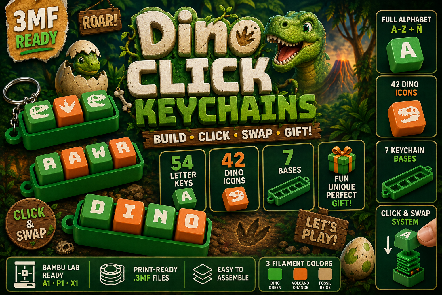 Dino Click Keychains | 3D Print Swappable Alphabet & Icons - Image 7