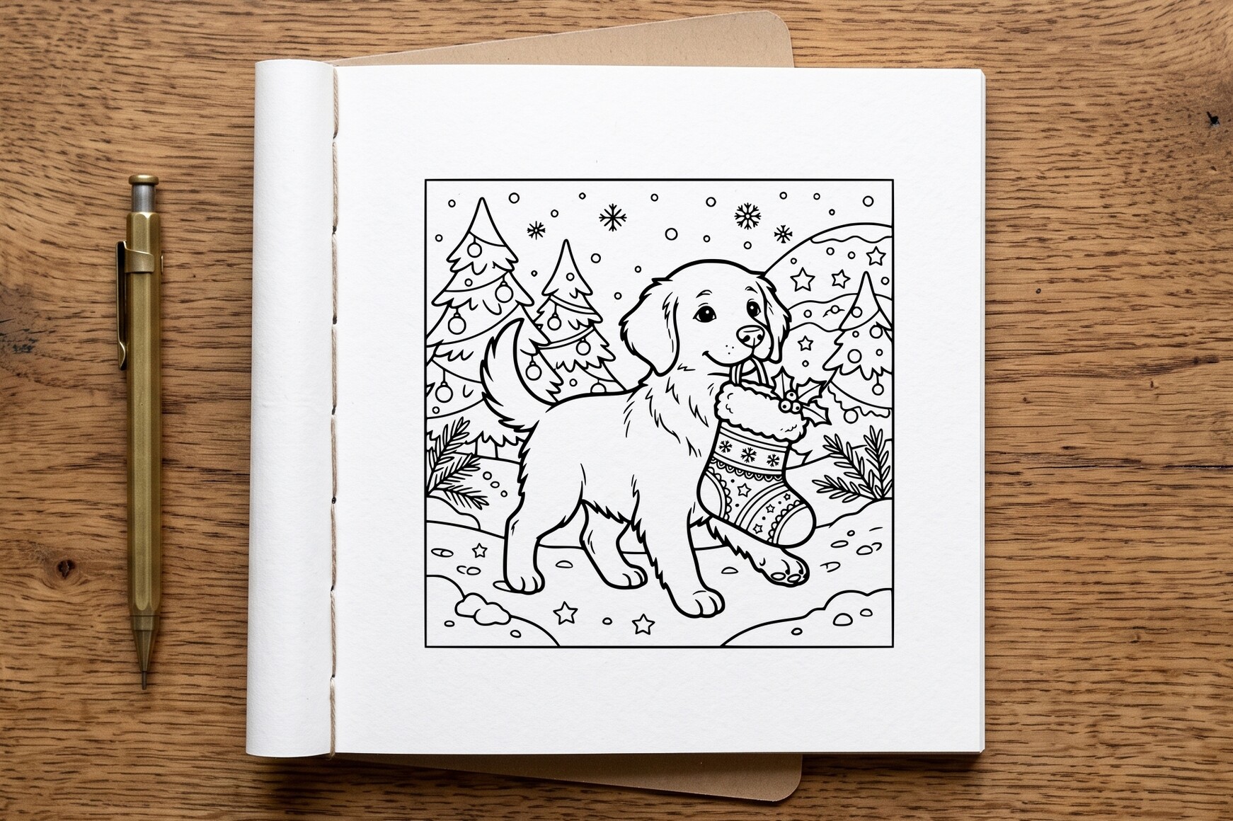 Dog with Christmas Stocking Coloring
