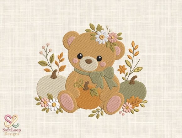 Floral Autumn Teddy Bear Embroidery File