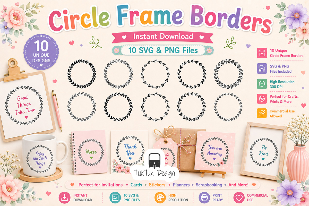 Floral Circle Border Frame SVG PNG Bundl