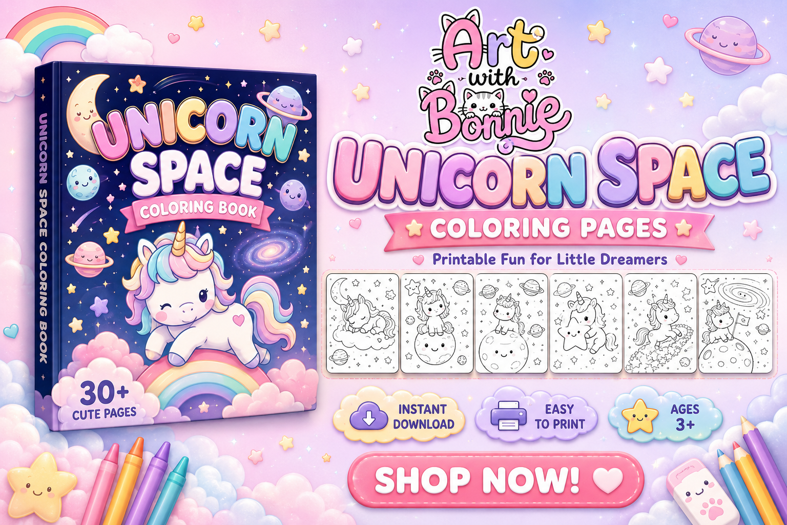 Kawaii Unicorn Space Coloring Pages PDF