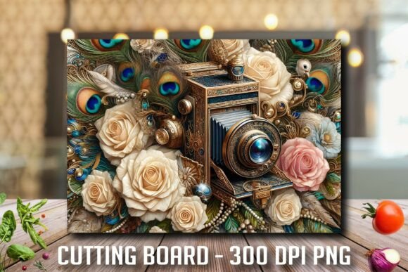 Peacock Vintage Camera Cutting Board Png