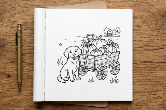 Puppy with Pumpkin Wagon Coloring Page
