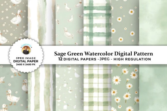 Sage Green Watercolor Digital Patterns