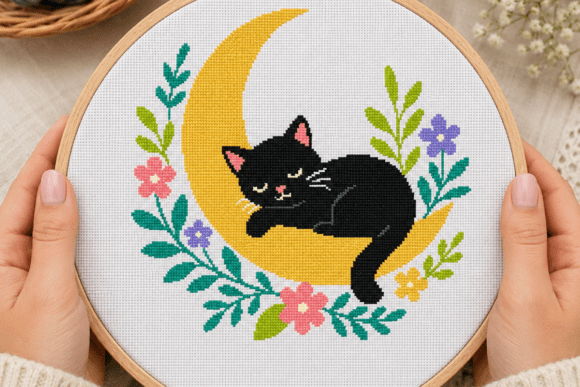Sleeping Black Cat Moon Cross Stitch