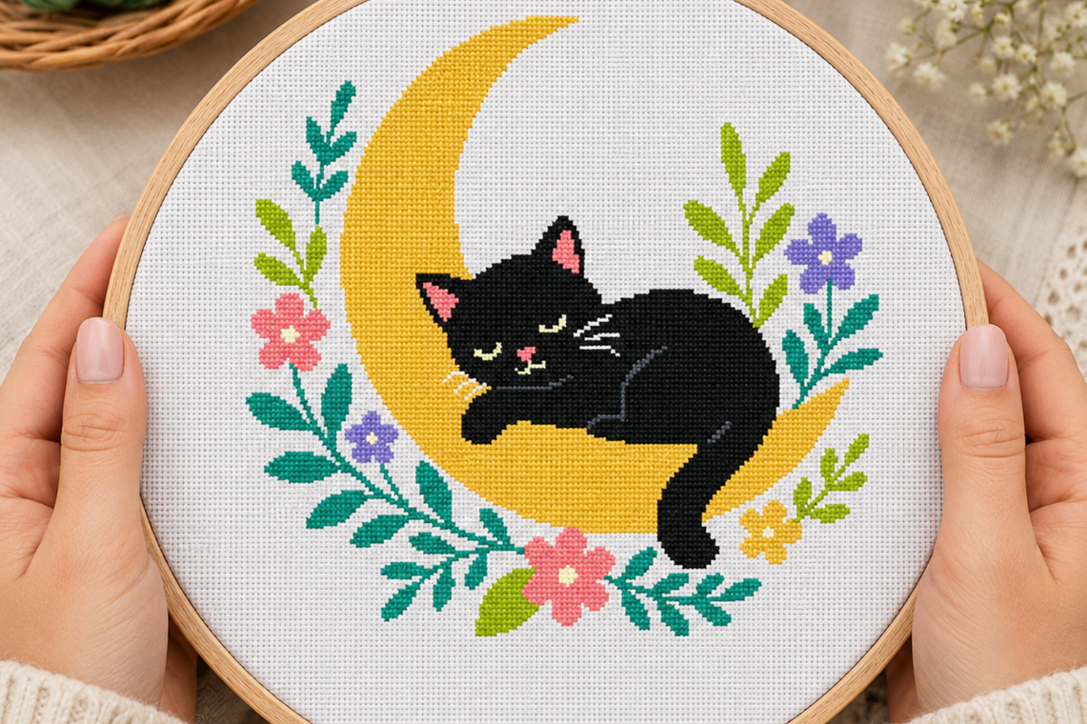 Sleeping Black Cat Moon Cross Stitch