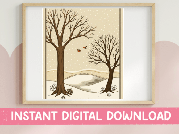 Winter Trees Robins Flying Print
