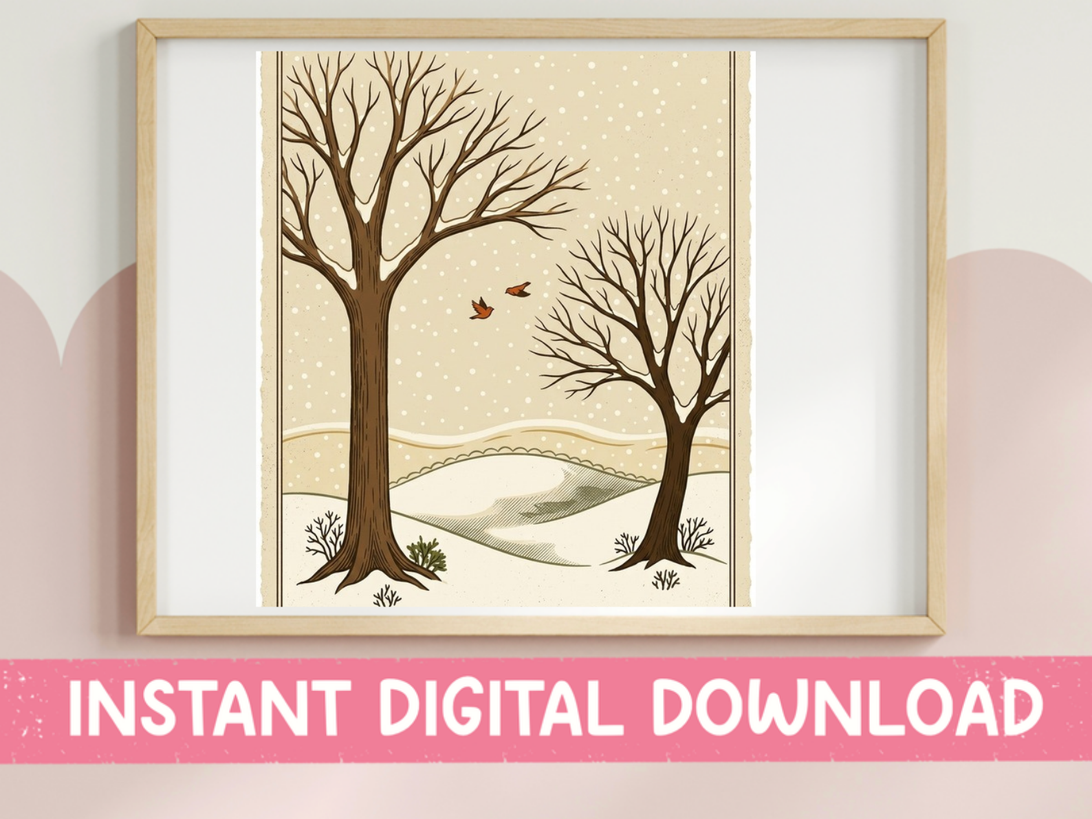 Winter Trees Robins Flying Print