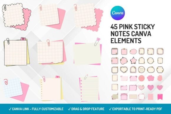 45 Pink Sticky Notes Canva Elements