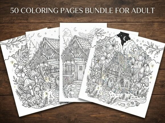 50 Fairy Cottage Coloring Pages Bundle