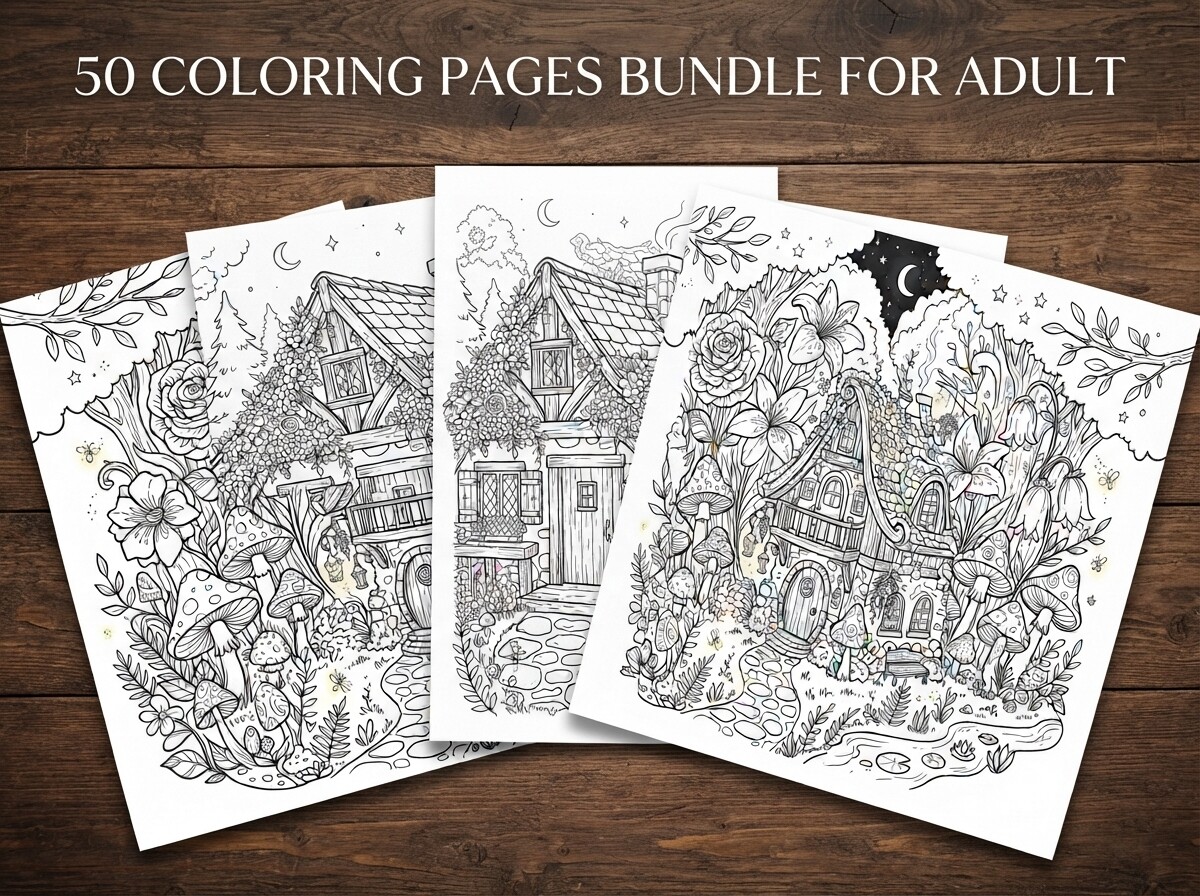 50 Fairy Cottage Coloring Pages Bundle