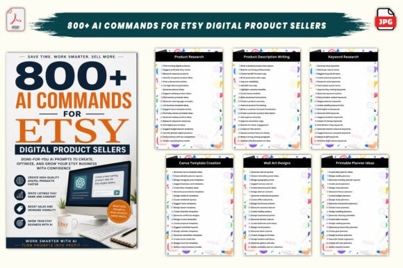 800 plus AI Commands workbook for Etsy digital product and Canva template ideas