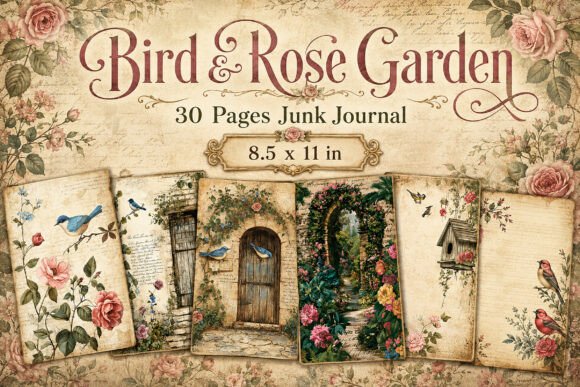 Bird and Rose Garden Junk Journal Papers