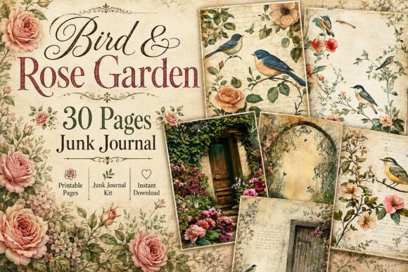 Bird and Rose Garden Junk Journal Papers