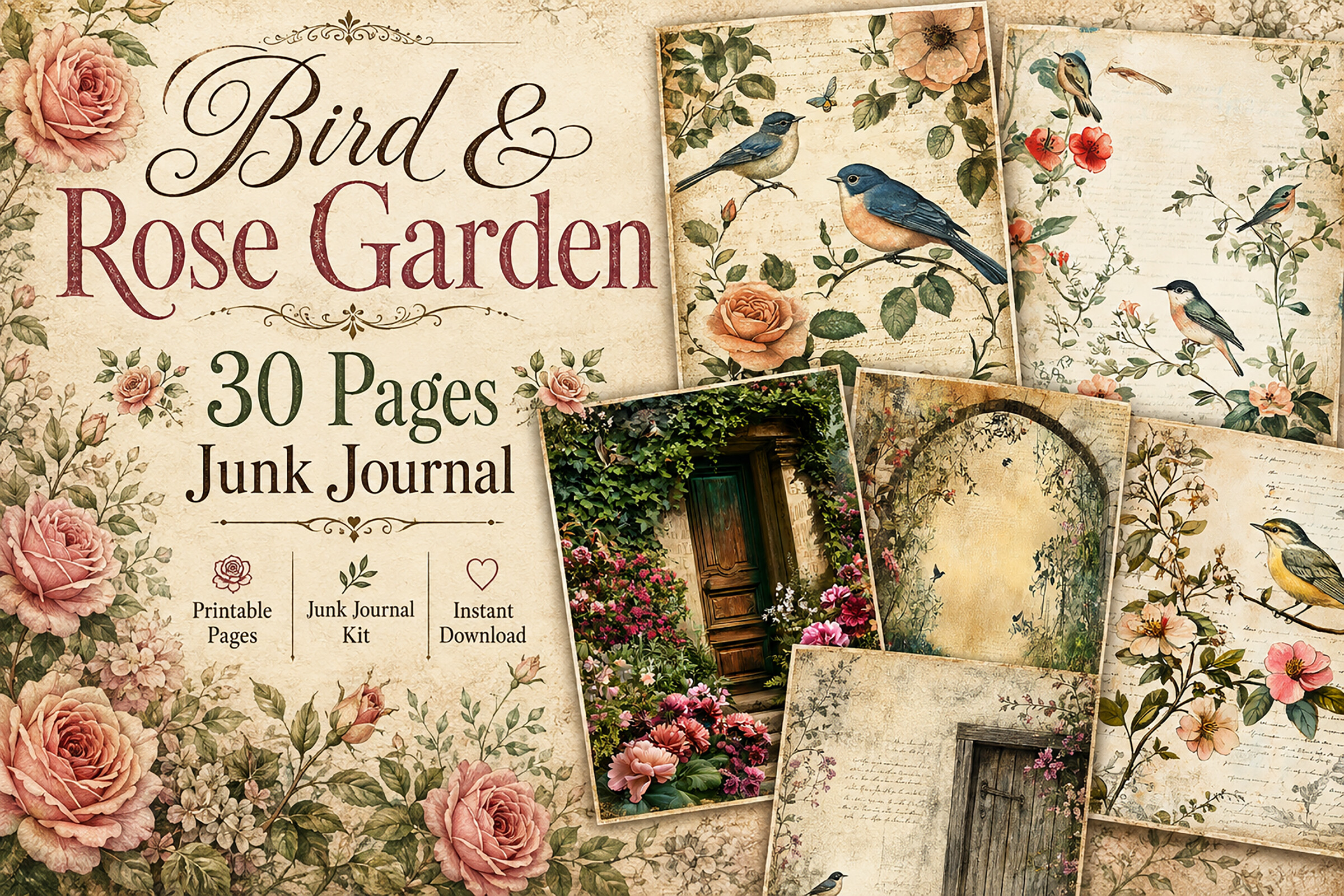 Bird and Rose Garden Junk Journal Papers