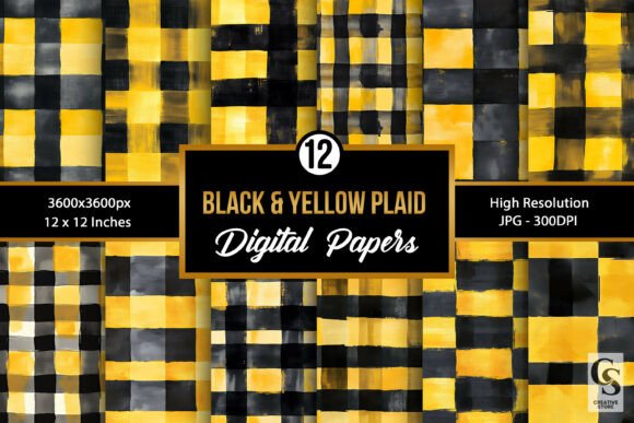 Black & Yellow Watercolor Plaid Pattern