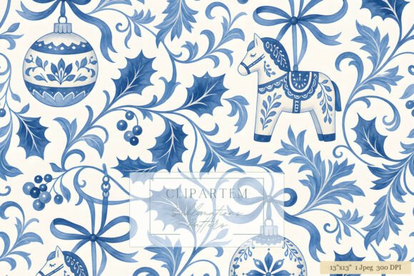 Blue Dala Horse Christmas Pattern
