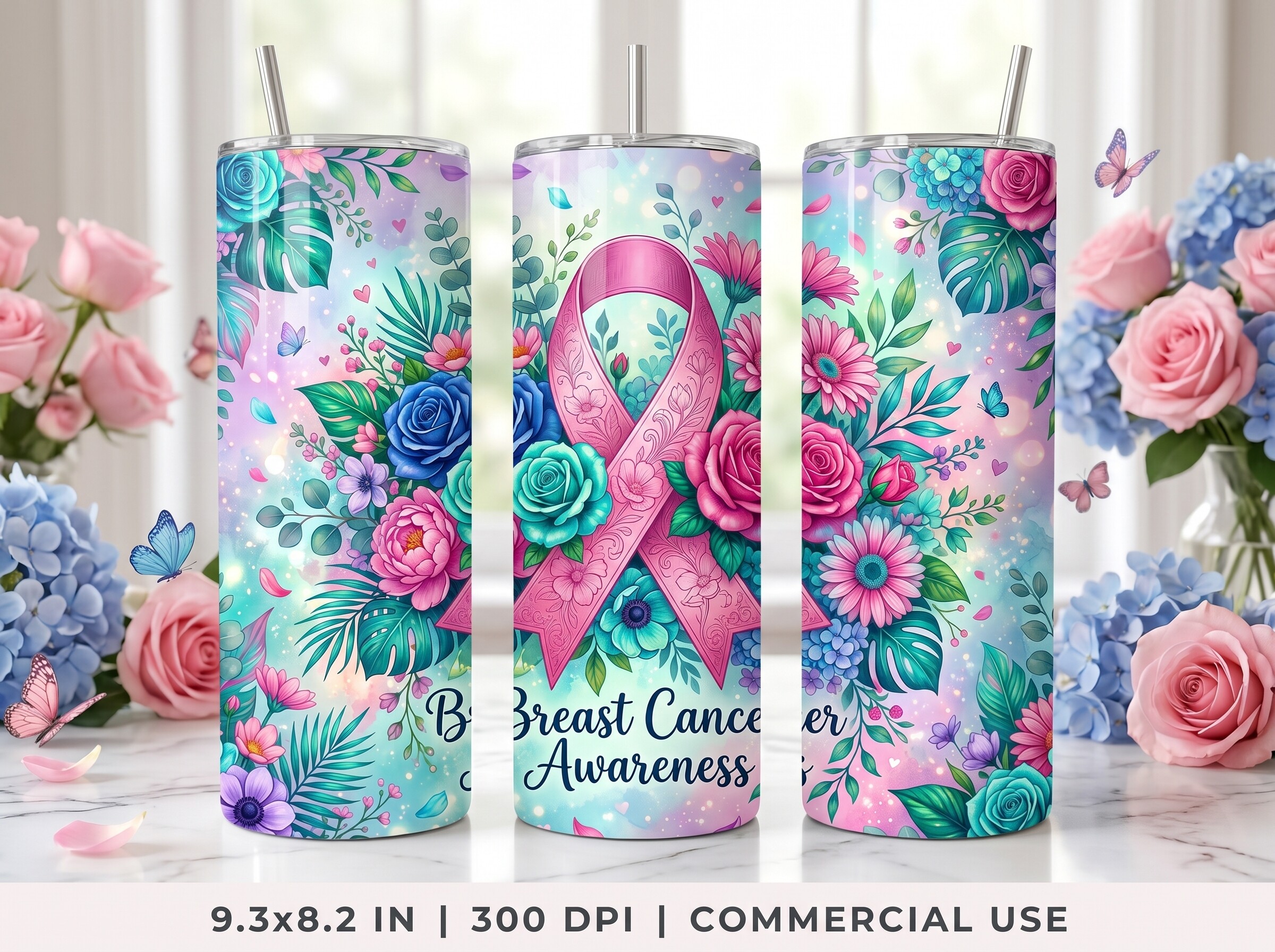 Breast Cancer Floral Ribbon Wrap PNG