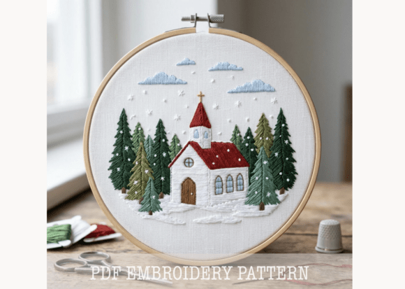 Christmas Church Embroidery Pattern