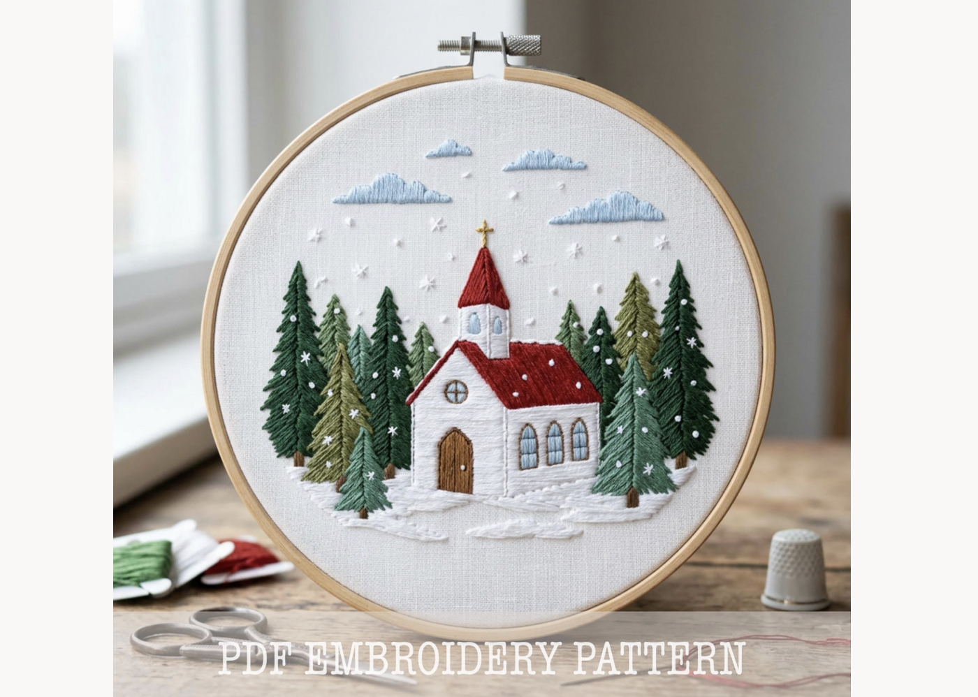 Christmas Church Embroidery Pattern
