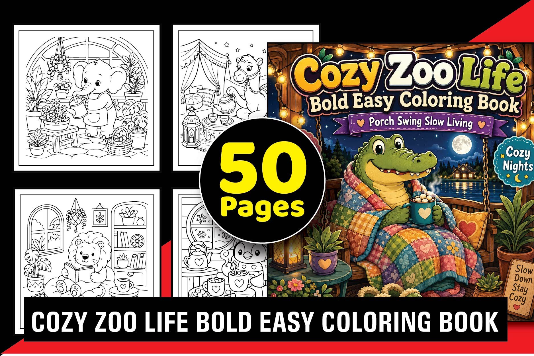 Cozy Zoo Life Bold Easy Coloring Book