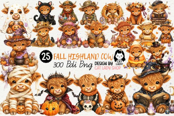 Cute Halloween Highland Cow Clipart PNG