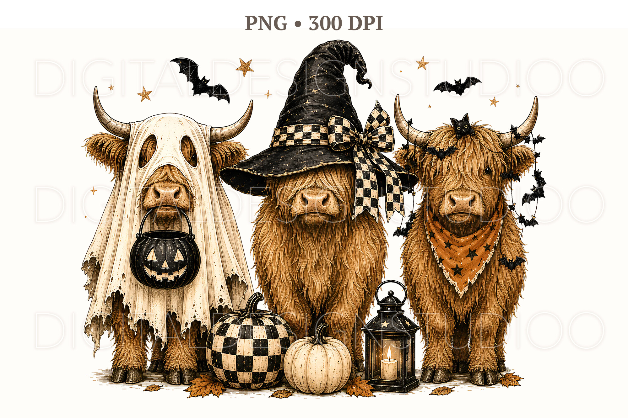 Highland Cow Halloween Ghost Witch PNG