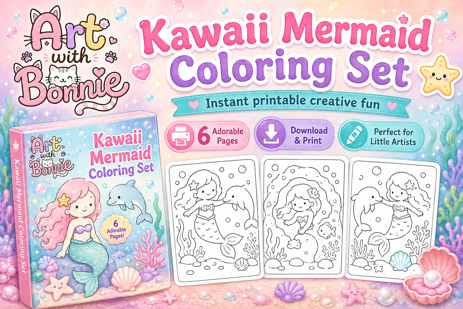 Kawaii Mermaid Coloring Pages for Kids
