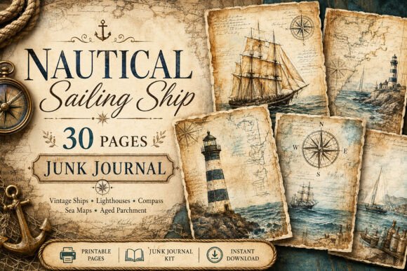 Nautical Sailing Ship Junk Journal Paper