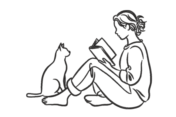 Reading Girl with Cat Line Art