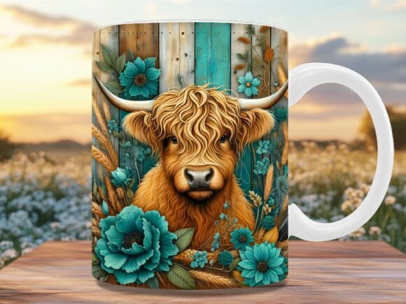 Rustic Teal Floral Highland Cow Mug Wrap