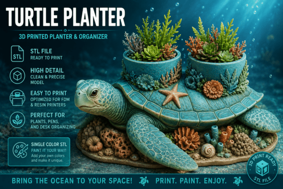 Sea Turtle Planter STL | Dual Compartment 3D Print Succulent Pot - Image 2