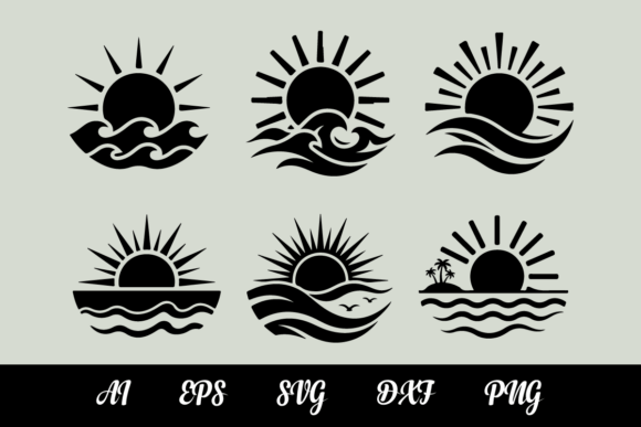 Silhouette Icons of Sun with Water Waves