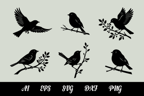 Six Black Silhouette Birds Flying